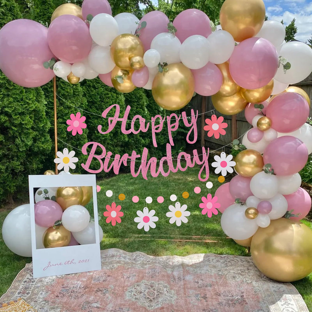 Danadia Pre-Strung Happy Birthday Banner – Pink Floral Garland with Circle Dot Accents