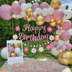 Danadia Pre-Strung Happy Birthday Banner – Pink Floral Garland with Circle Dot Accents