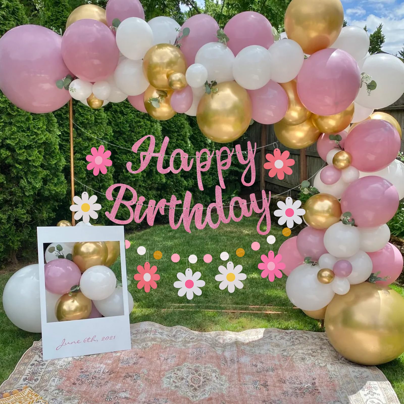 Danadia Pre-Strung Happy Birthday Banner – Pink Floral Garland with Circle Dot Accents