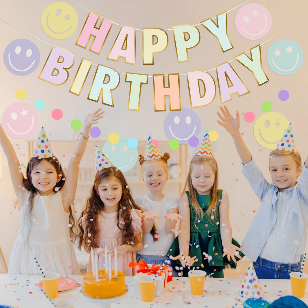 Danadia Pre-Strung Happy Birthday Banner – Pastel Smileys & Circle-Dot Garland