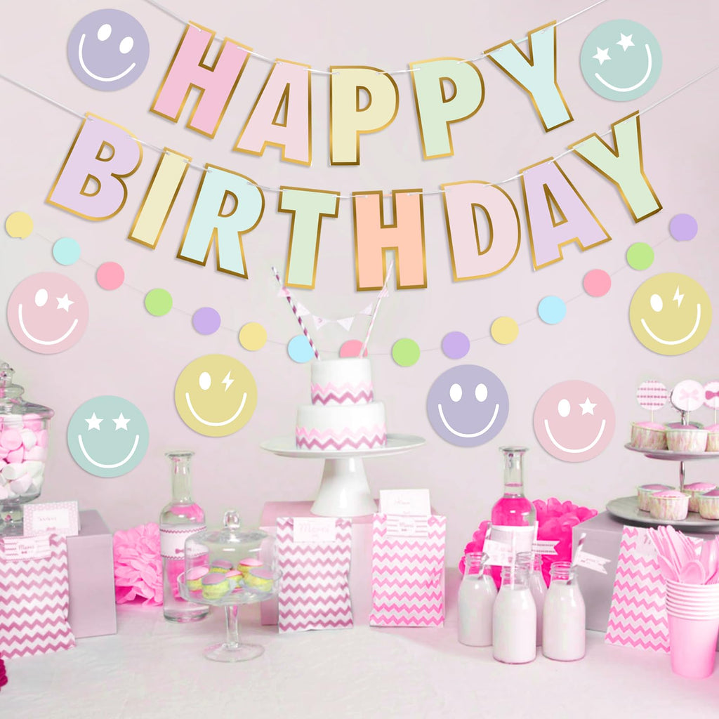 Danadia Pre-Strung Happy Birthday Banner – Pastel Smileys & Circle-Dot Garland