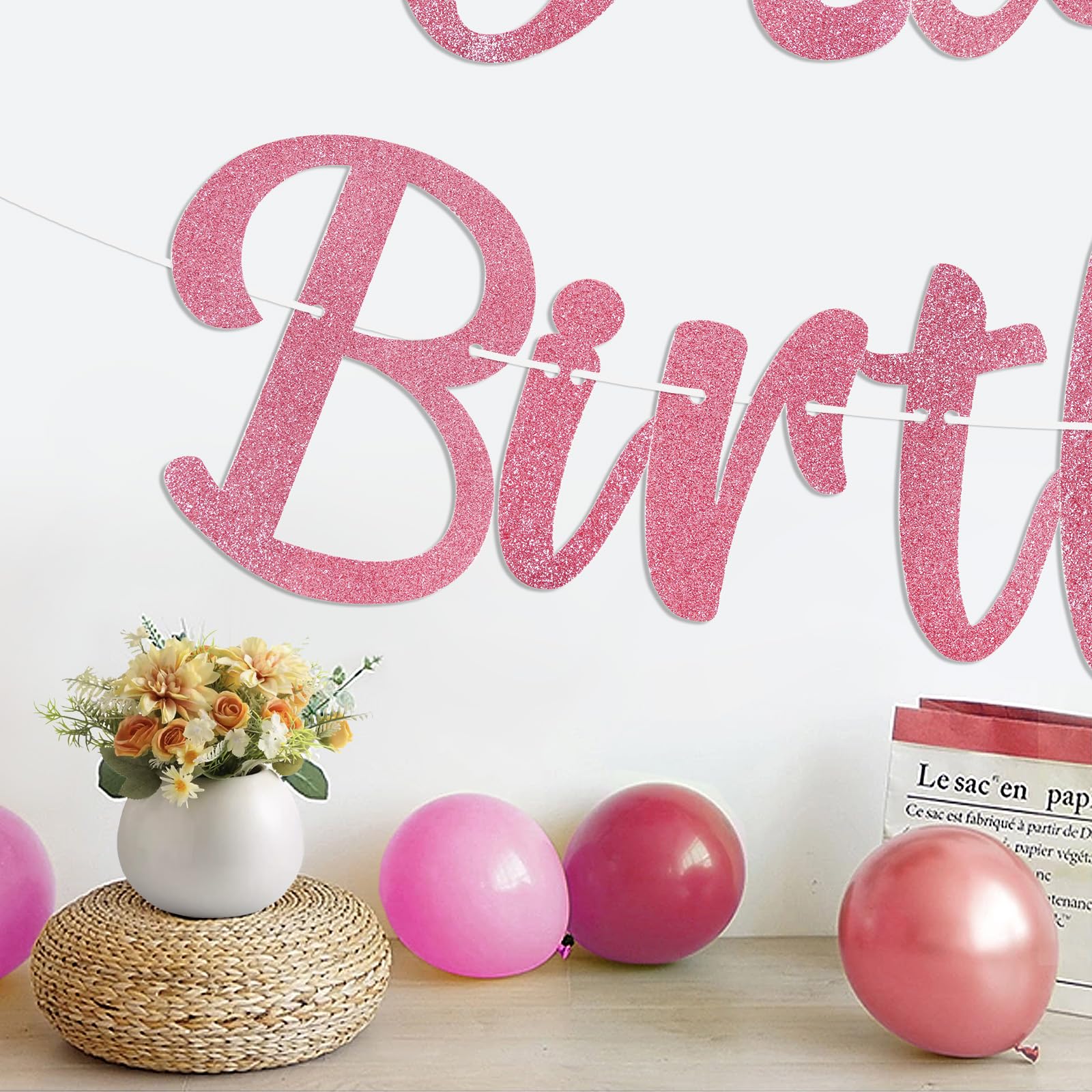 Danadia Pre-Strung Happy Birthday Banner – Pink Floral Garland with Circle Dot Accents
