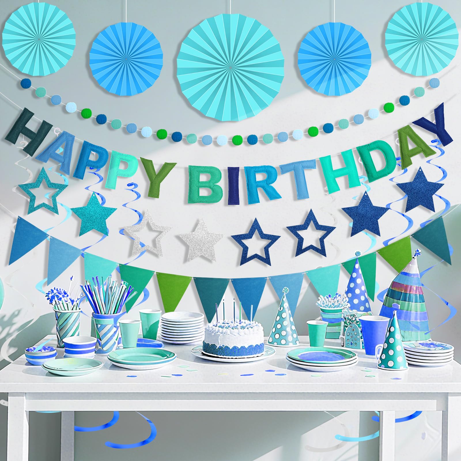 Danadia Pre-Strung 3D Felt Happy Birthday Banner – Reusable Blue Party Decorations