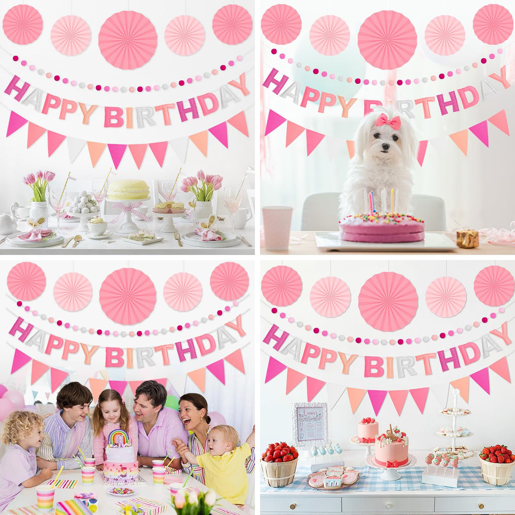 Danadia Pre-Strung 3D Felt Happy Birthday Banner – Reusable Pink Party Decorations