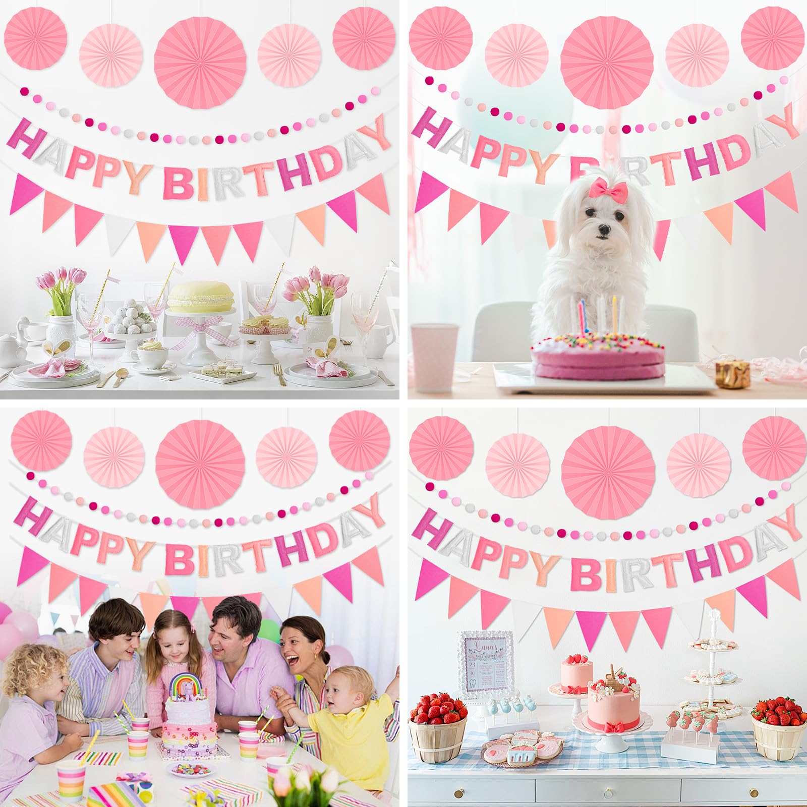 Danadia Pre-Strung 3D Felt Happy Birthday Banner – Reusable Pink Party Decorations