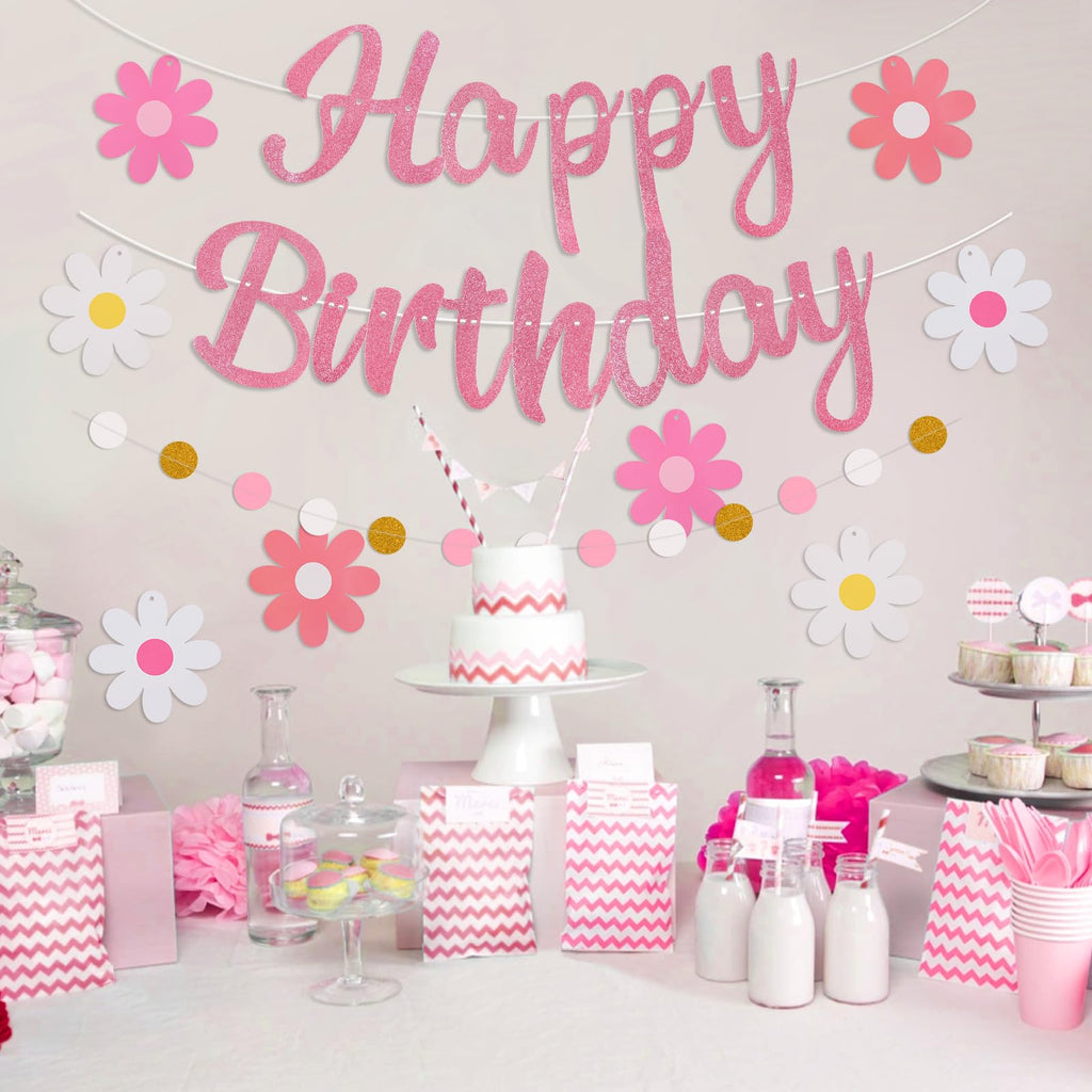Danadia Pre-Strung Happy Birthday Banner – Pink Floral Garland with Circle Dot Accents