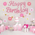 Danadia Pre-Strung Happy Birthday Banner – Pink Floral Garland with Circle Dot Accents