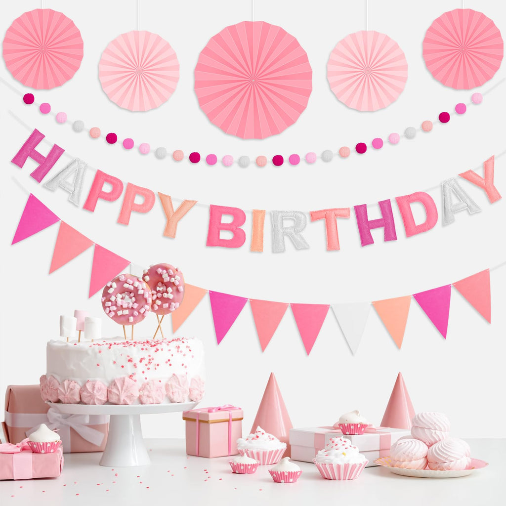 Danadia Pre-Strung 3D Felt Happy Birthday Banner – Reusable Pink Party Decorations