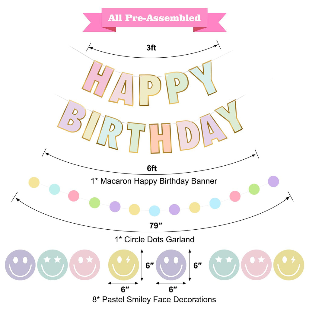 Danadia Pre-Strung Happy Birthday Banner – Pastel Smileys & Circle-Dot Garland