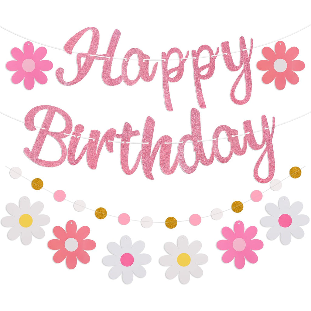 Danadia Pre-Strung Happy Birthday Banner – Pink Floral Garland with Circle Dot Accents