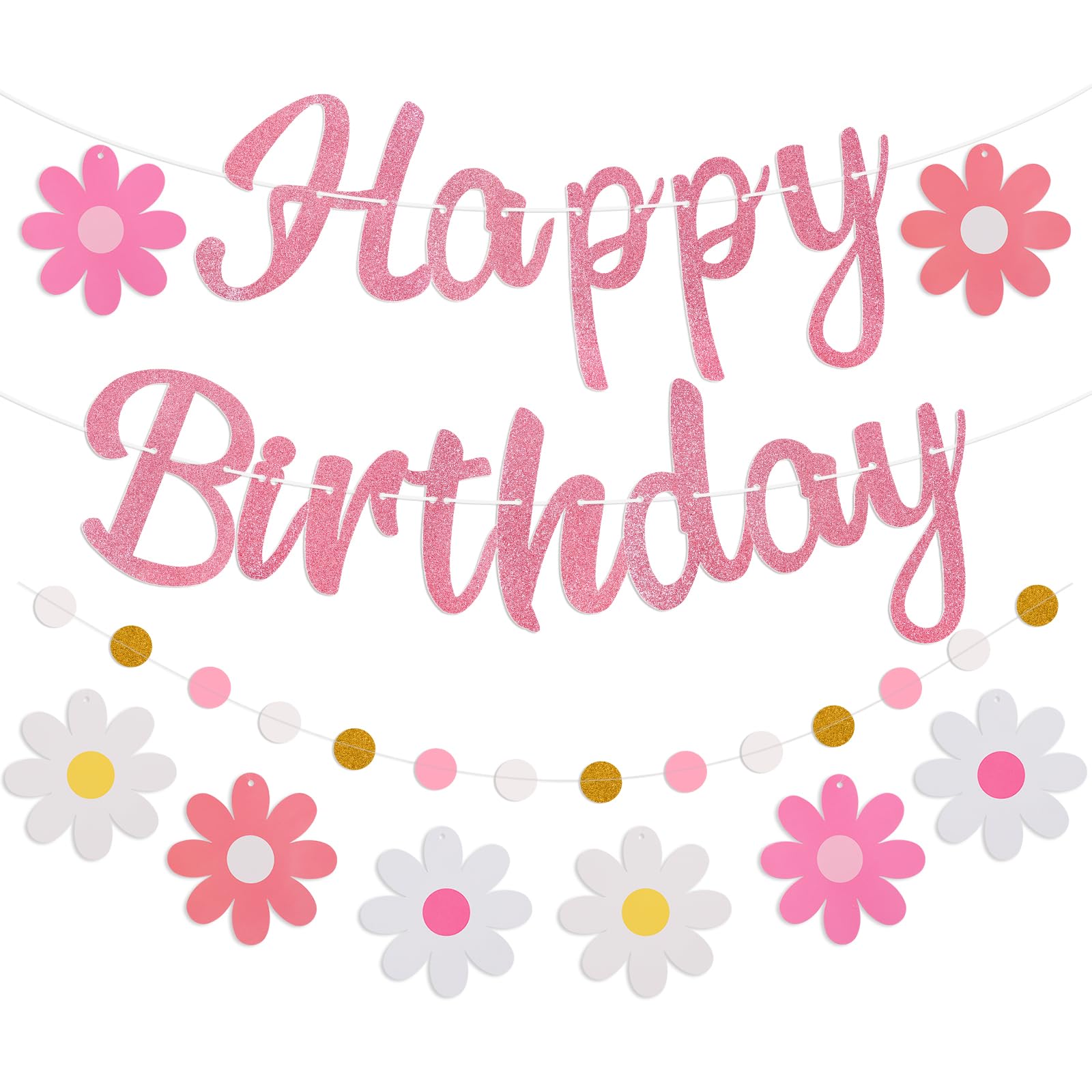 Danadia Pre-Strung Happy Birthday Banner – Pink Floral Garland with Circle Dot Accents