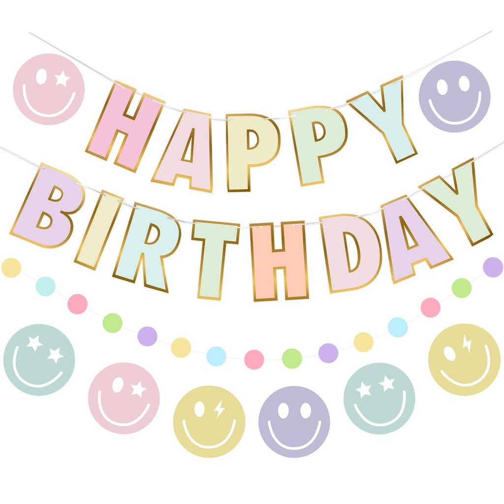 Danadia Pre-Strung Happy Birthday Banner – Pastel Smileys & Circle-Dot Garland