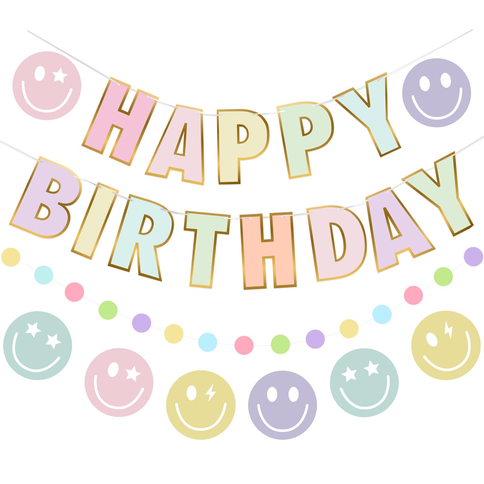 Danadia Pre-Strung Happy Birthday Banner – Pastel Smileys & Circle-Dot Garland