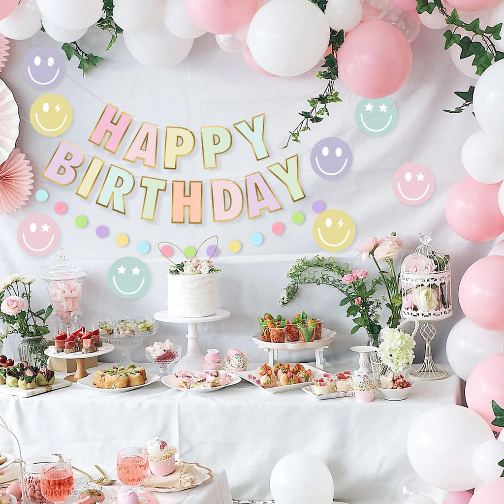 Danadia Pre-Strung Happy Birthday Banner – Pastel Smileys & Circle-Dot Garland
