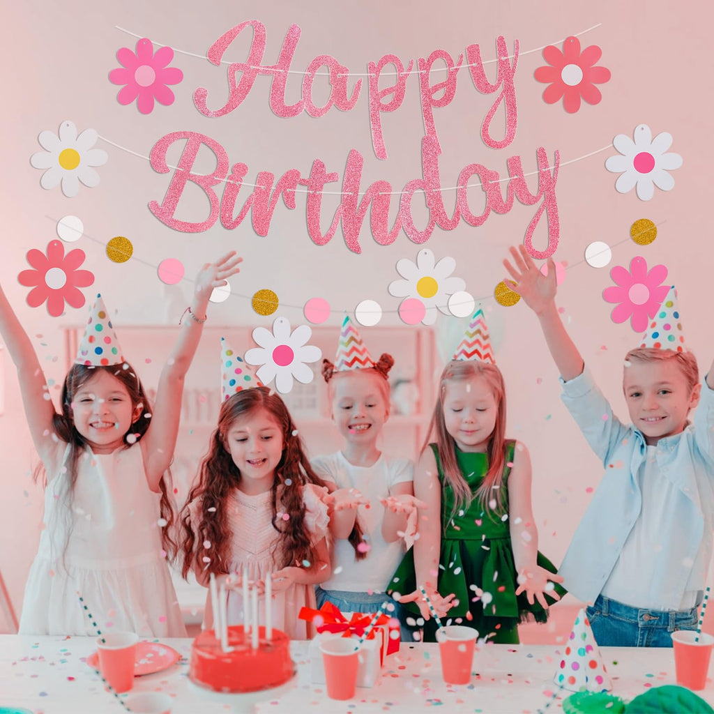 Danadia Pre-Strung Happy Birthday Banner – Pink Floral Garland with Circle Dot Accents