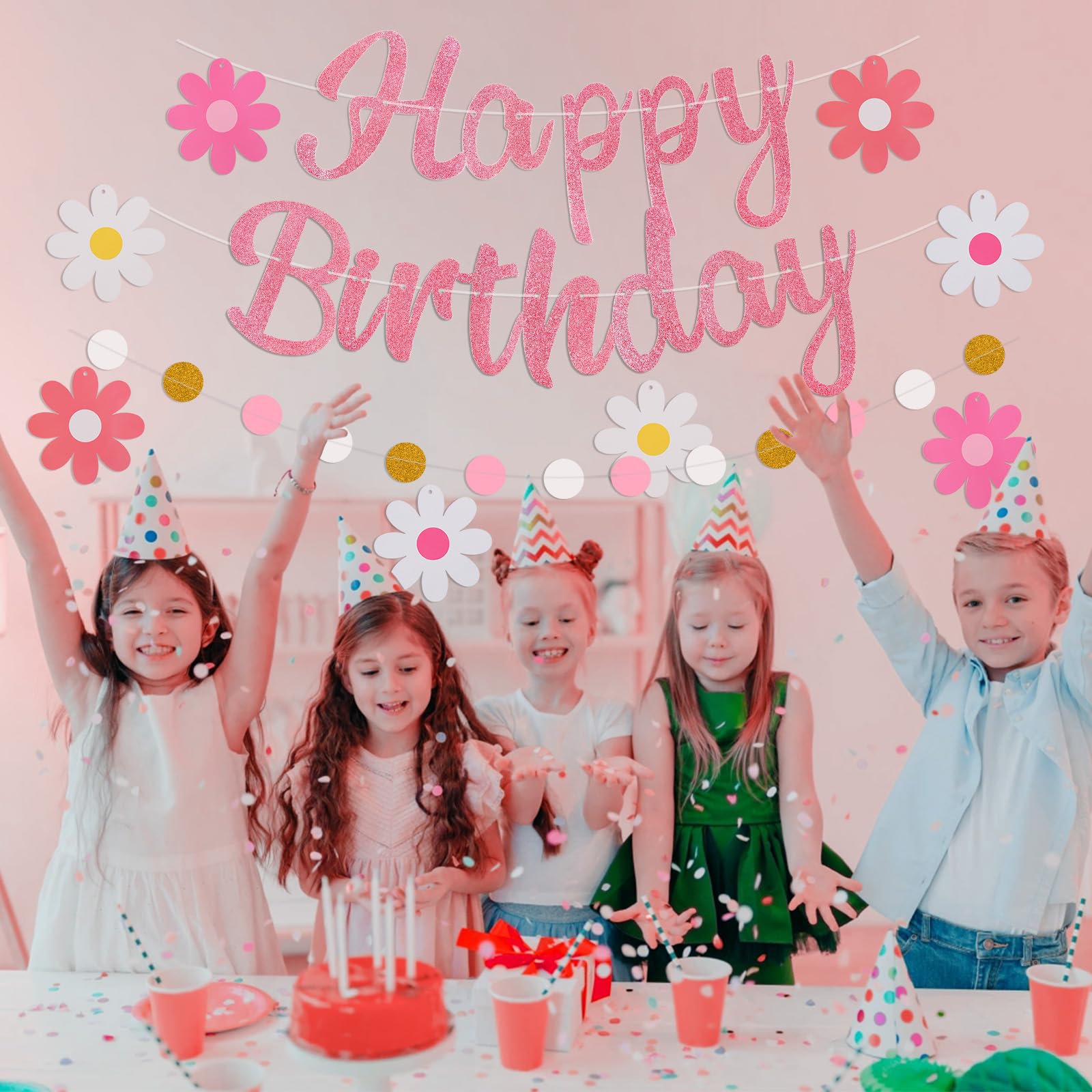 Danadia Pre-Strung Happy Birthday Banner – Pink Floral Garland with Circle Dot Accents