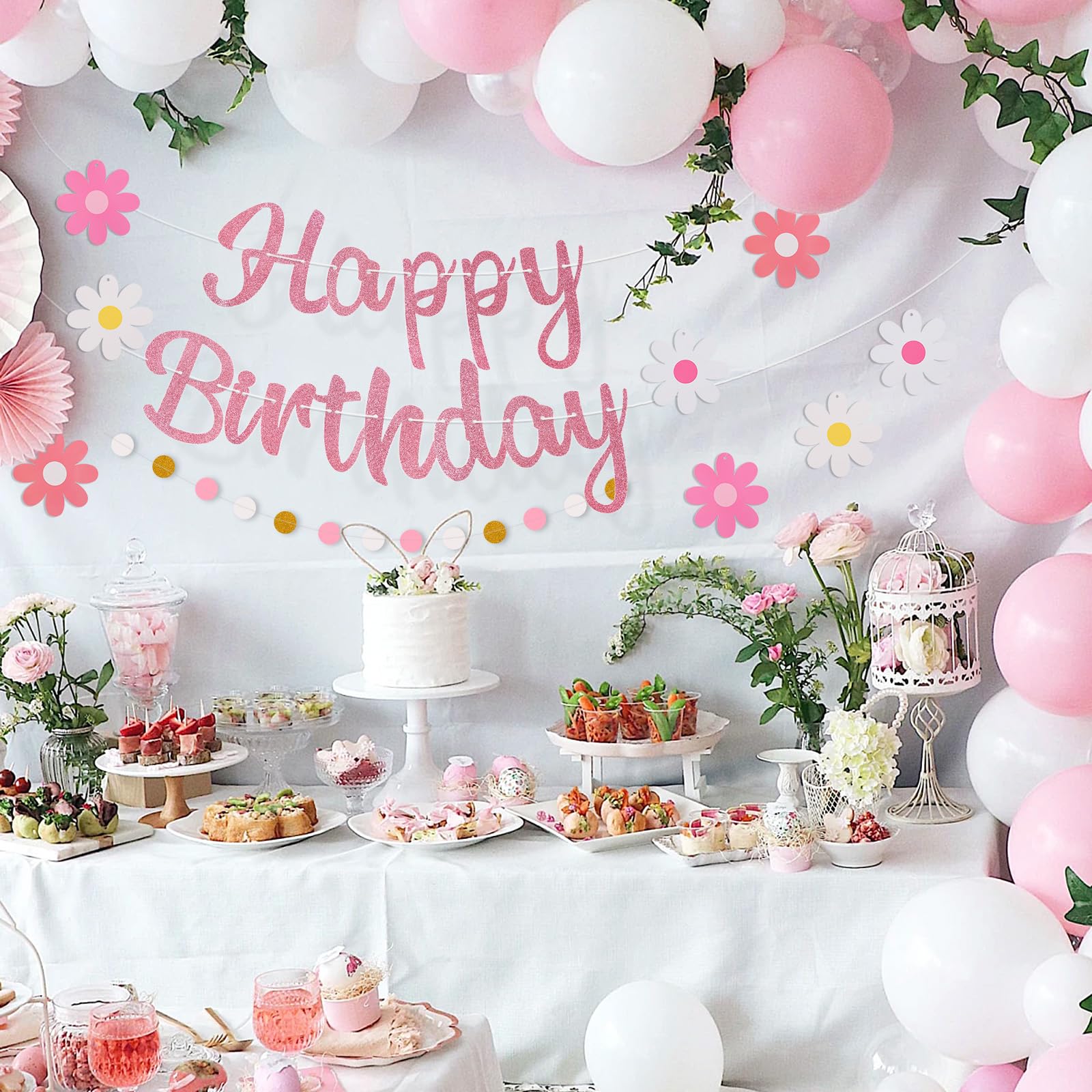 Danadia Pre-Strung Happy Birthday Banner – Pink Floral Garland with Circle Dot Accents