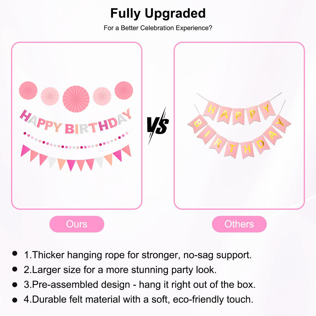 Danadia Pre-Strung 3D Felt Happy Birthday Banner – Reusable Pink Party Decorations