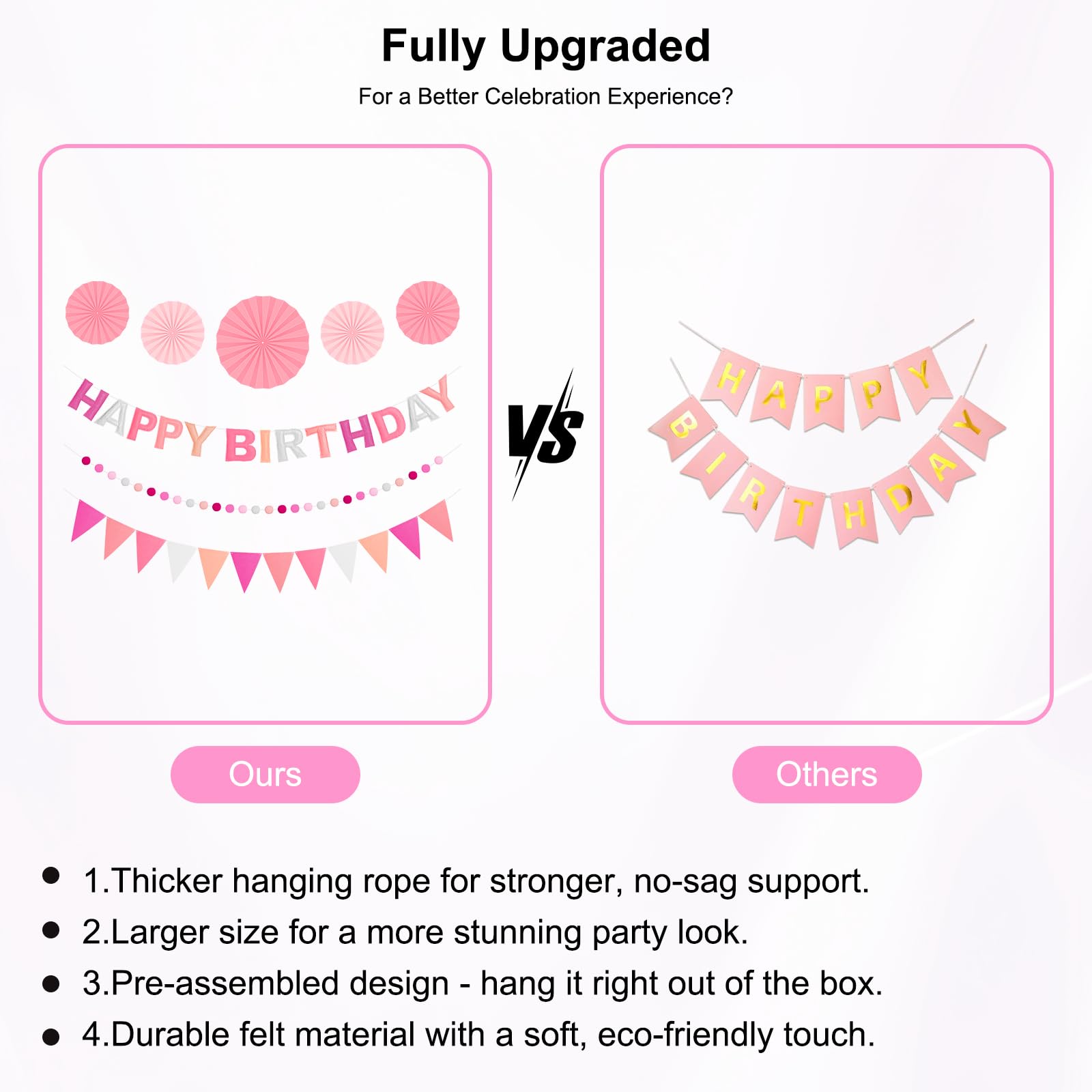 Danadia Pre-Strung 3D Felt Happy Birthday Banner – Reusable Pink Party Decorations