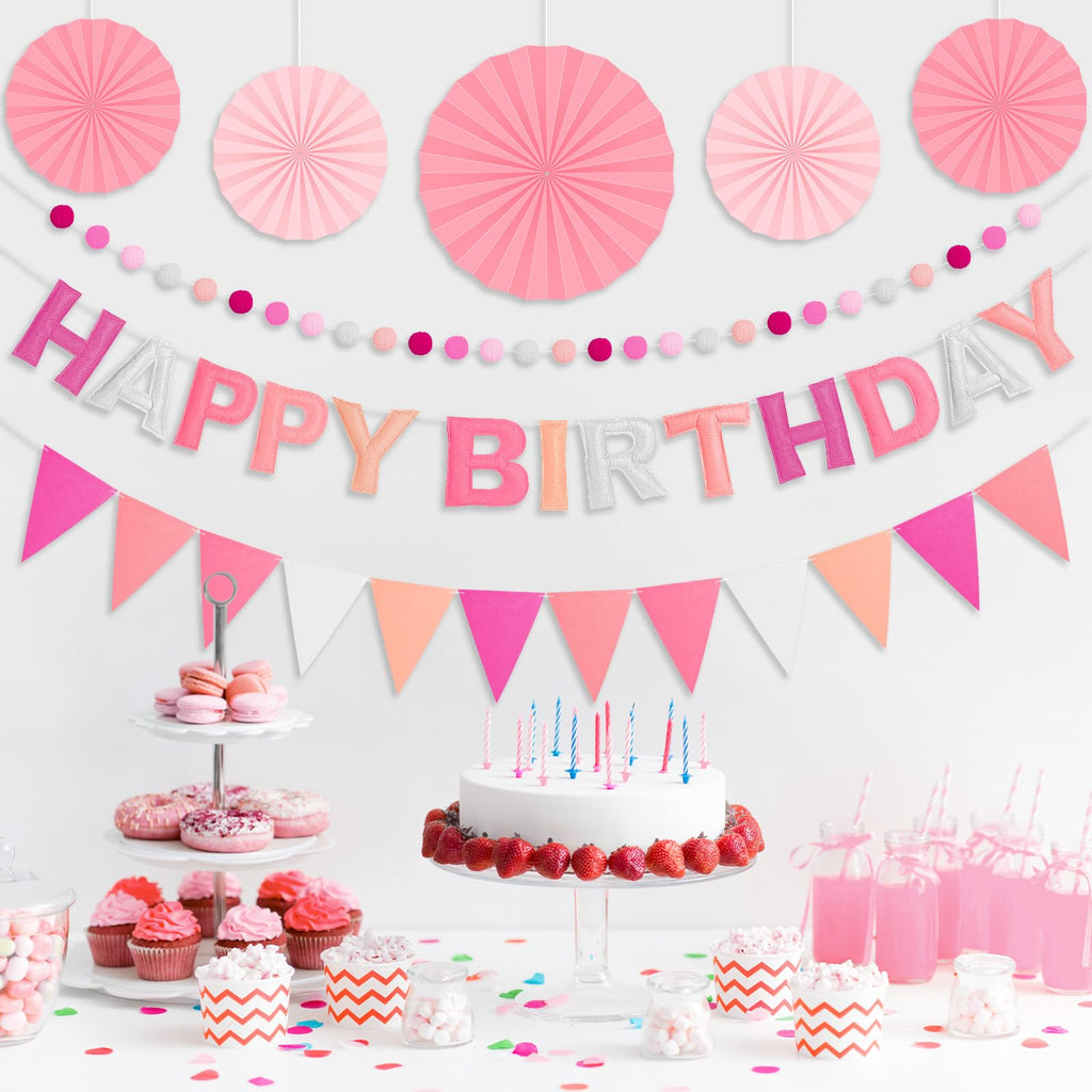 Danadia Pre-Strung 3D Felt Happy Birthday Banner – Reusable Pink Party Decorations