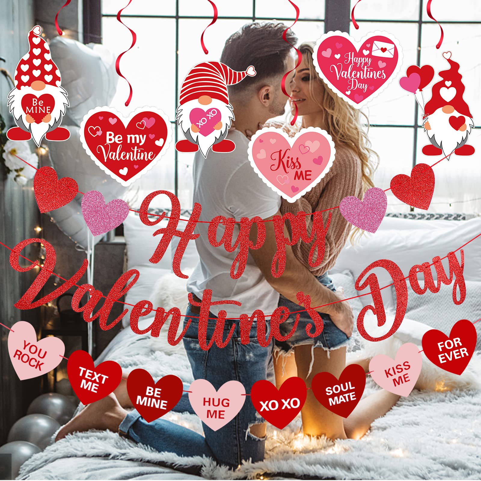 DANPORTBE Red Happy Valentines Day Banner & Heart Swirls | Valentines Party Decorations