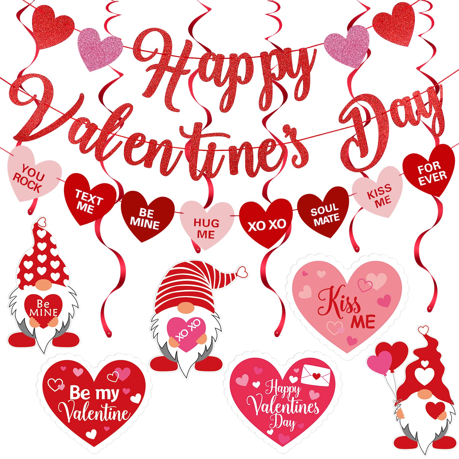 DANPORTBE Red Happy Valentines Day Banner & Heart Swirls | Valentines Party Decorations