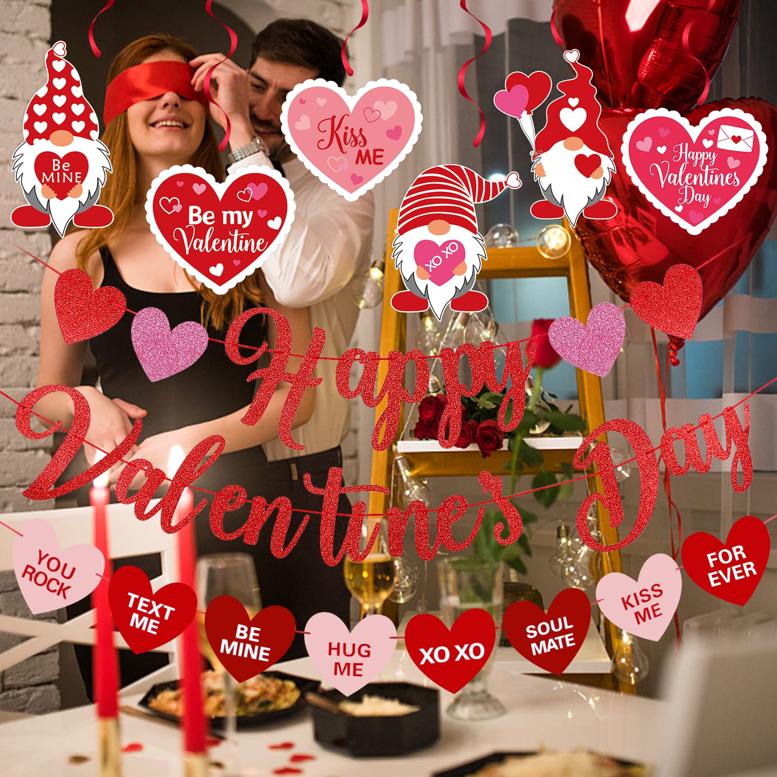 DANPORTBE Red Happy Valentines Day Banner & Heart Swirls | Valentines Party Decorations