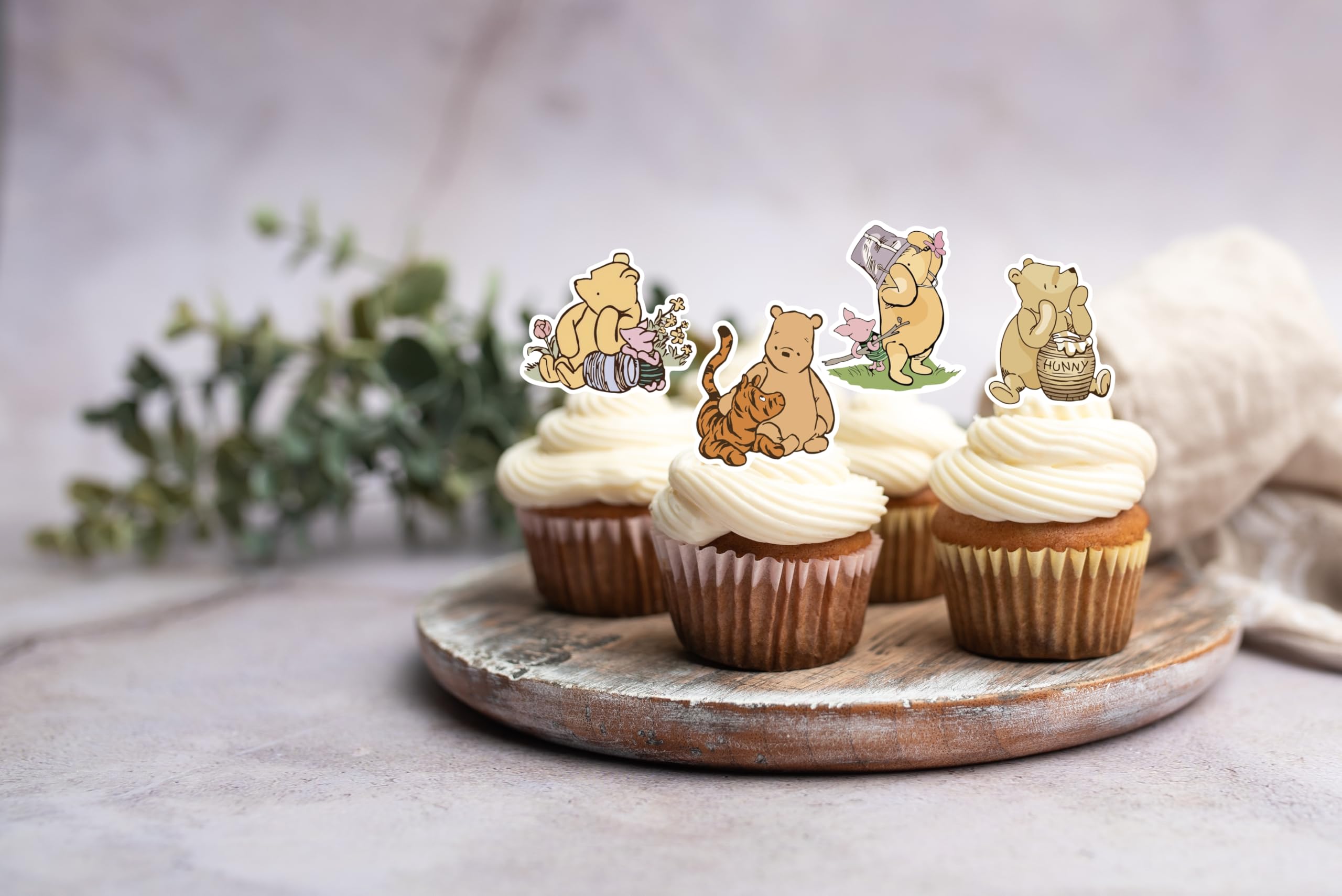 DAYIMG 48 Pcs Classic Winnie Cupcake Toppers – Pooh Baby Shower & First Birthday Party Decor