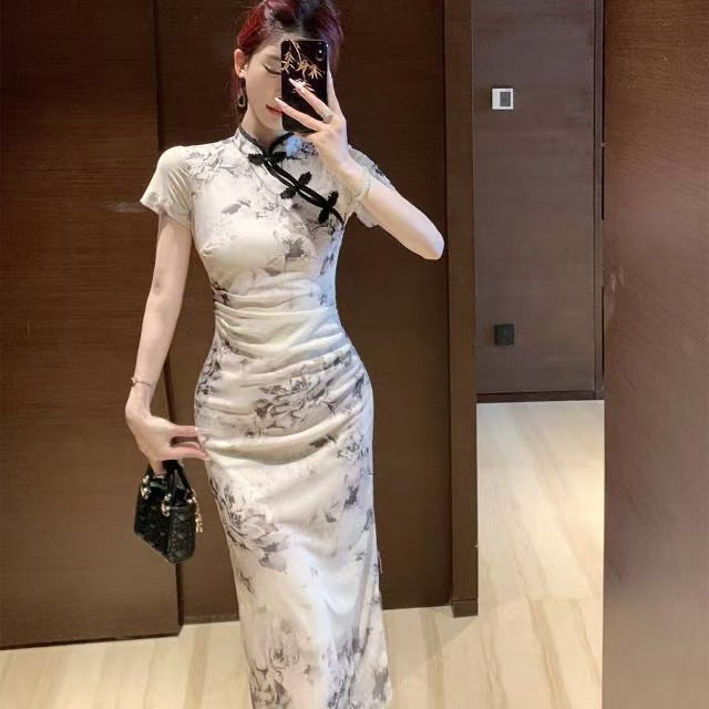 Women's Retro Republic Of China-Style Floral Print Slit Pleated Dress