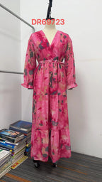 Long-sleeved Floral Print Dress Elegant V-neck Pleated High-waisted Big Swing Chiffon Maxi Dresses For Women Clothing