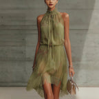 V-neck Waist Trimming Ruffles Elegant Dress