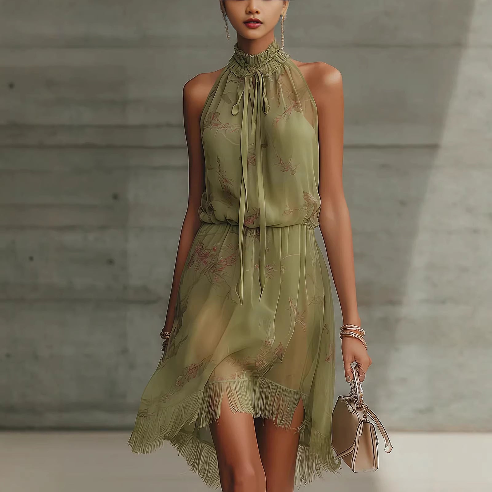 V-neck Waist Trimming Ruffles Elegant Dress