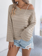 Women Off-Shoulder Hollow Out Long Sleeve Knit Cardigan Sweater