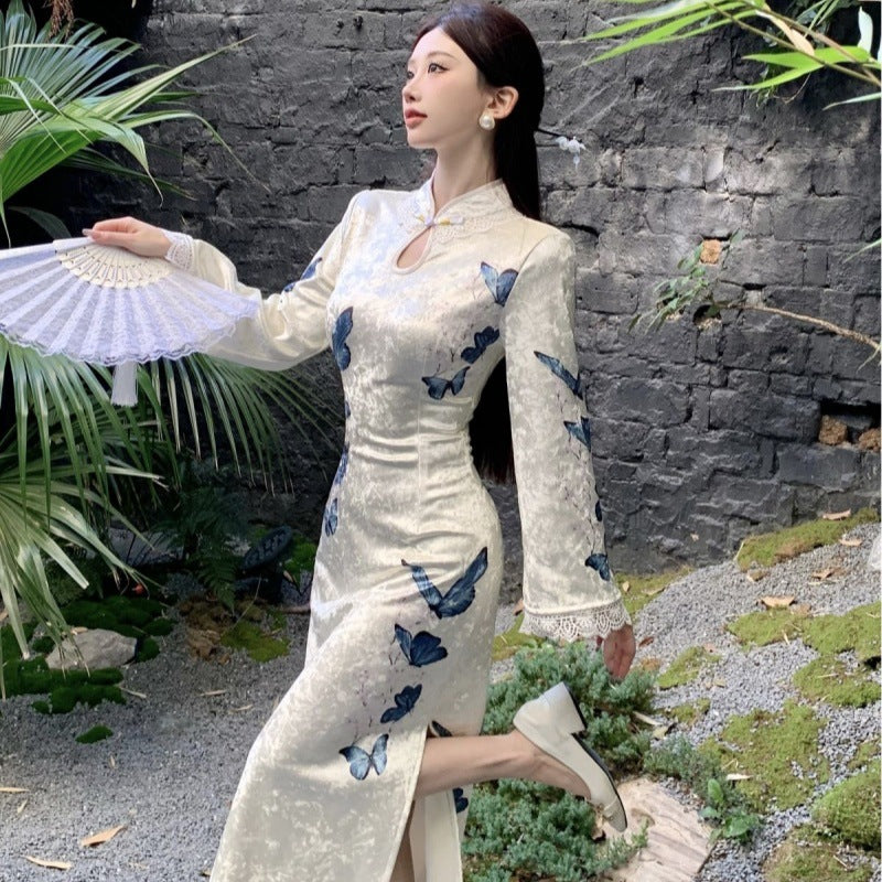 Women's Retro Chinese-Style National-Style Silk Velvet Cheongsam Dress