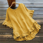 Arrival Solid-color Cotton-linen Loose-fit Round-neck Blouse With Ruffled Hem