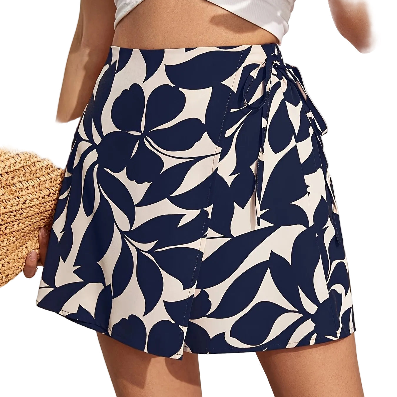 Elegant Short Skirt Pants for Women with Floral Print And Drawstring Elastic Waist.