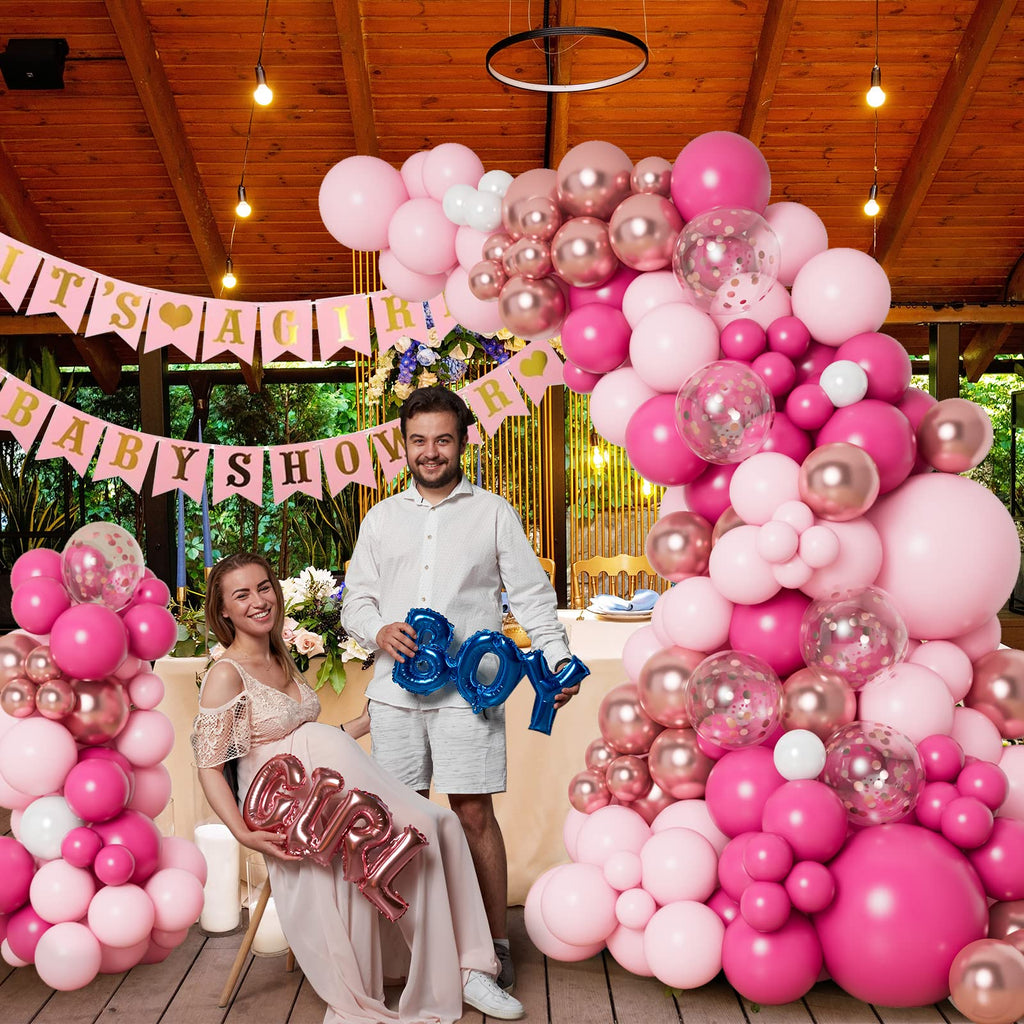 DBKL Pink Balloon Garland Arch Kit – 138 Balloons in Hot Pink, White & Metallic Rose Gold for Birthday, Baby Shower, Wedding