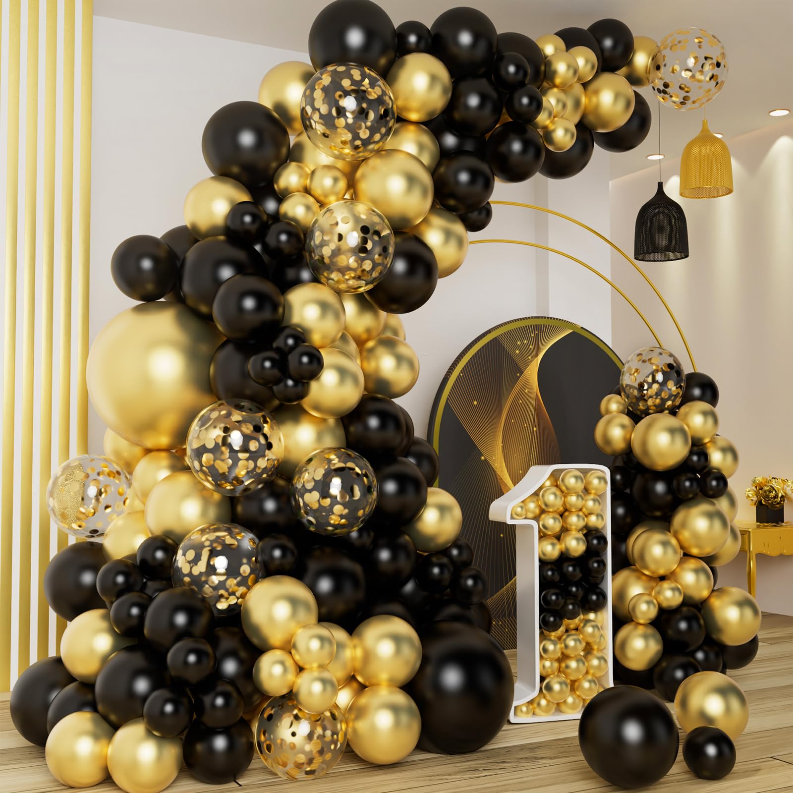 DBKL Black & Gold Balloons Garland Arch Kit with Confetti Balloons – New Year & Party Decor