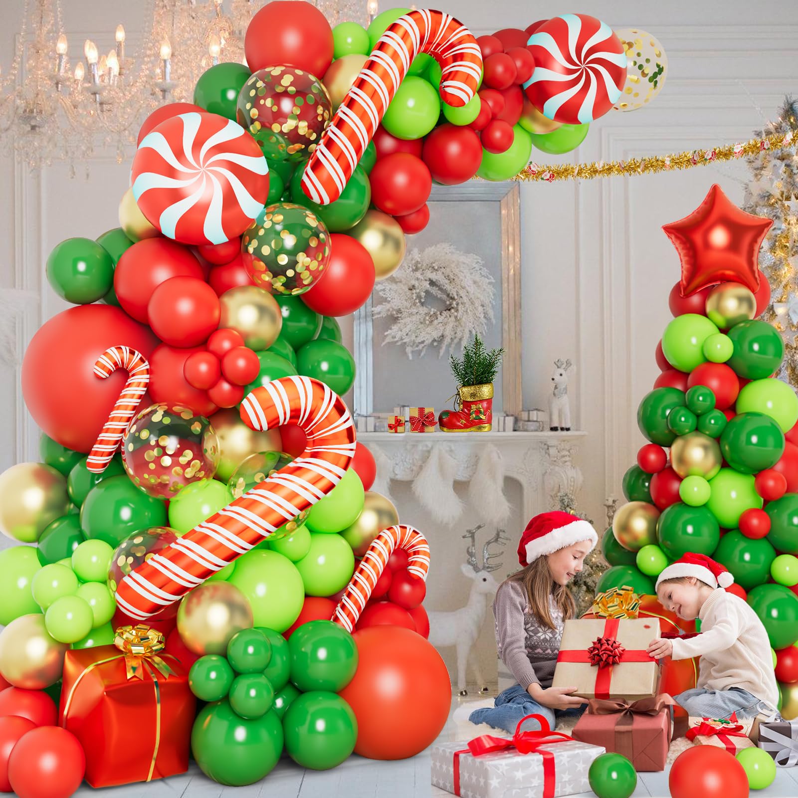 DBKL 138-Piece Christmas Balloon Garland Arch Kit – Red, Green & Gold Balloons with Gift Box