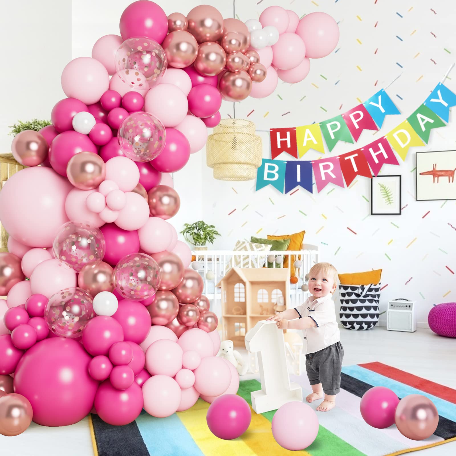DBKL Pink Balloon Garland Arch Kit – 138 Balloons in Hot Pink, White & Metallic Rose Gold for Birthday, Baby Shower, Wedding