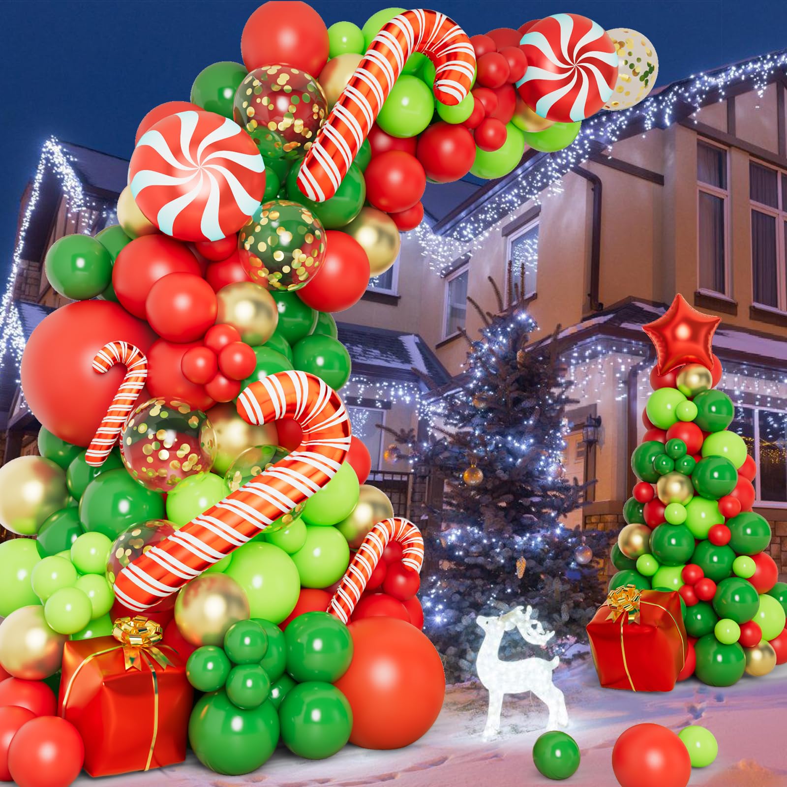 DBKL 138-Piece Christmas Balloon Garland Arch Kit – Red, Green & Gold Balloons with Gift Box