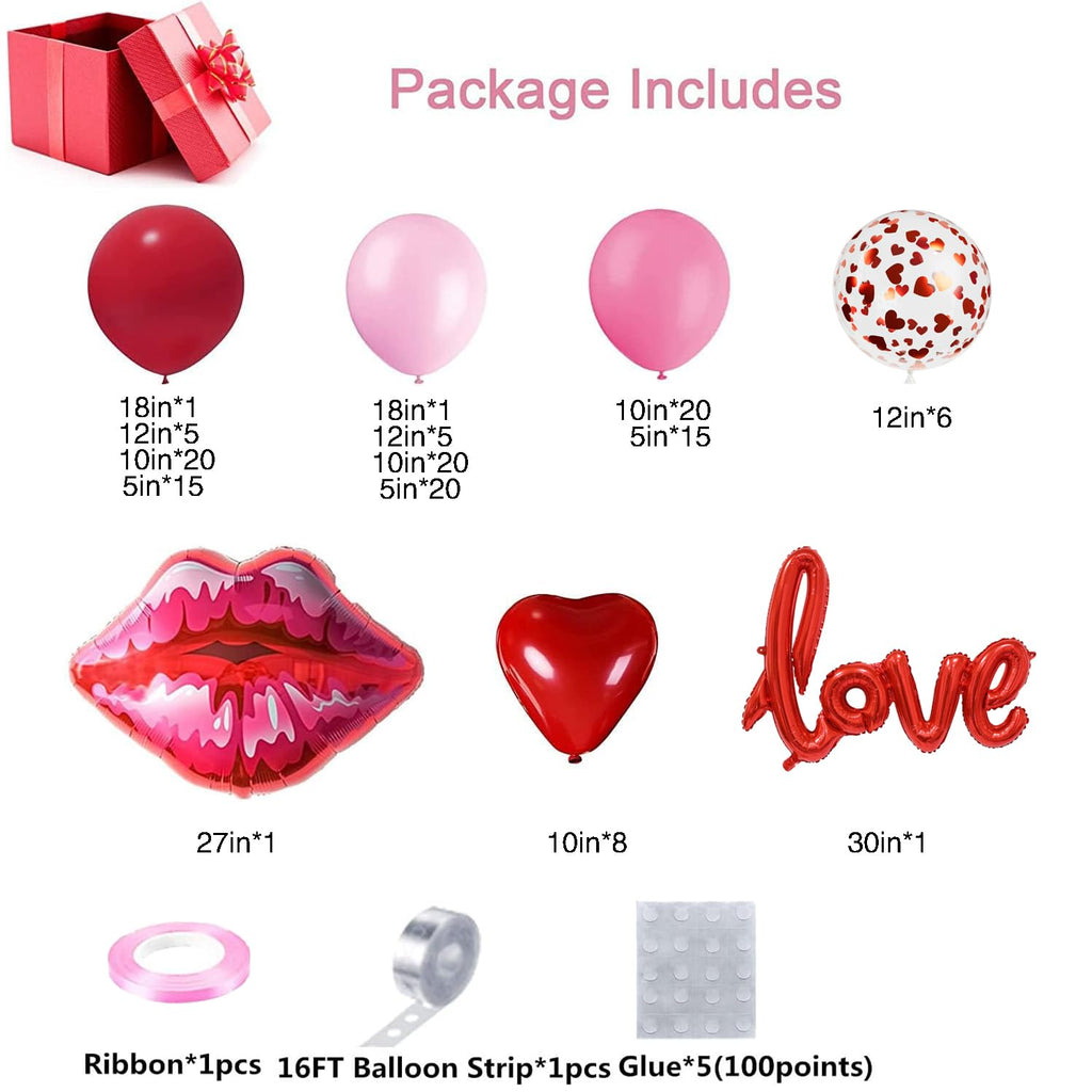DBKL 138pcs Valentines Day Balloon Garland Arch Kit – Pink & Red Balloons with Love Lips Foil