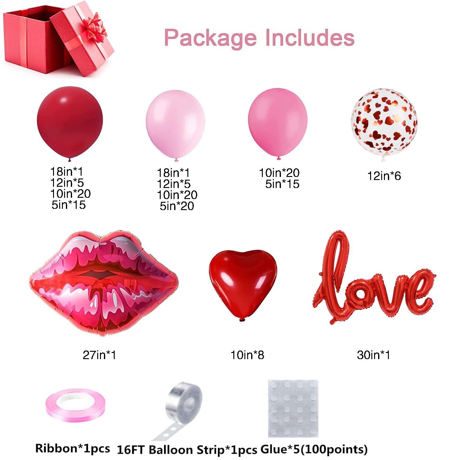 DBKL 138pcs Valentines Day Balloon Garland Arch Kit – Pink & Red Balloons with Love Lips Foil