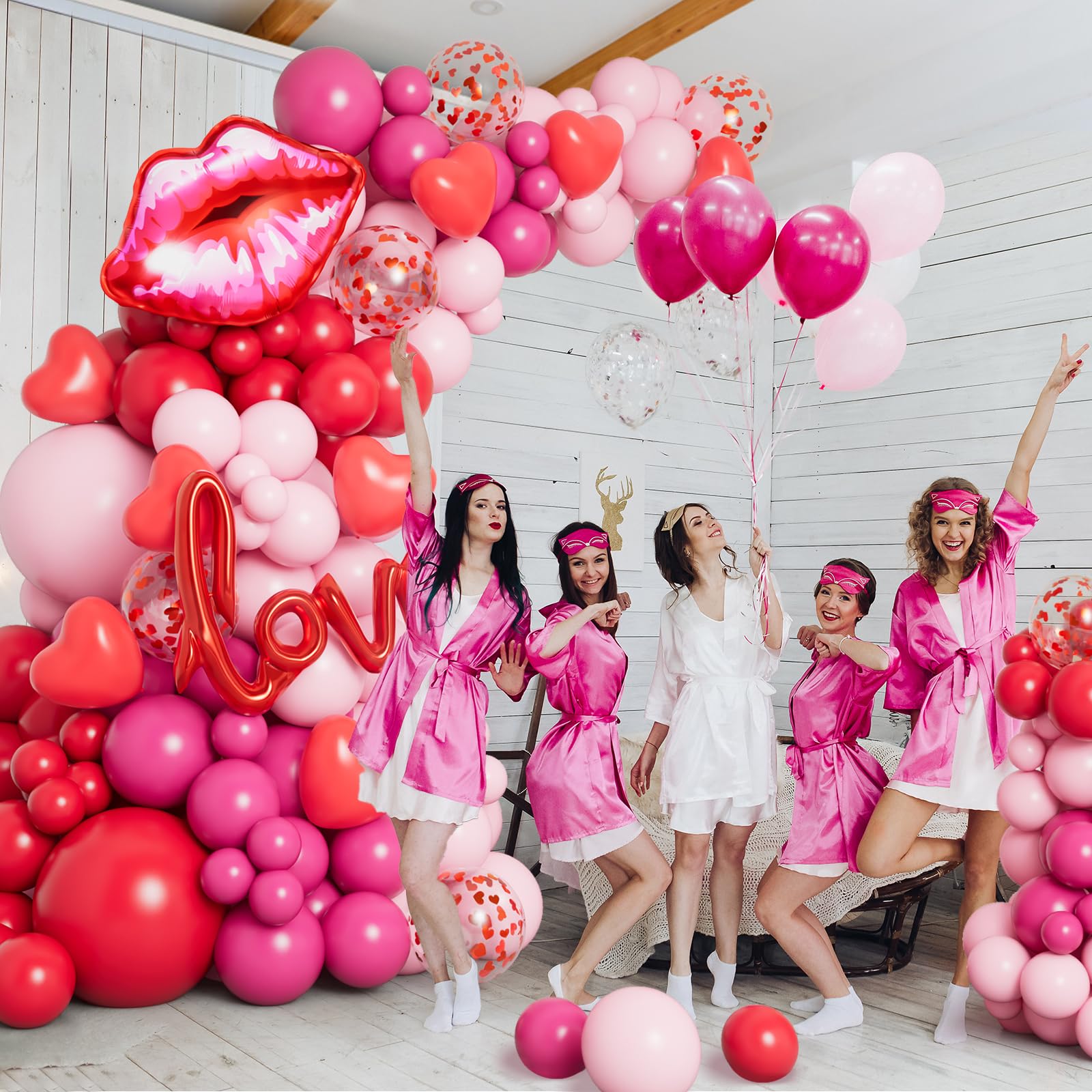 DBKL 138pcs Valentines Day Balloon Garland Arch Kit – Pink & Red Balloons with Love Lips Foil