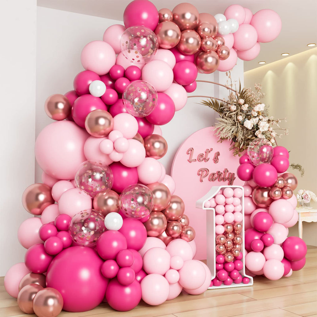 DBKL Pink Balloon Garland Arch Kit – 138 Balloons in Hot Pink, White & Metallic Rose Gold for Birthday, Baby Shower, Wedding