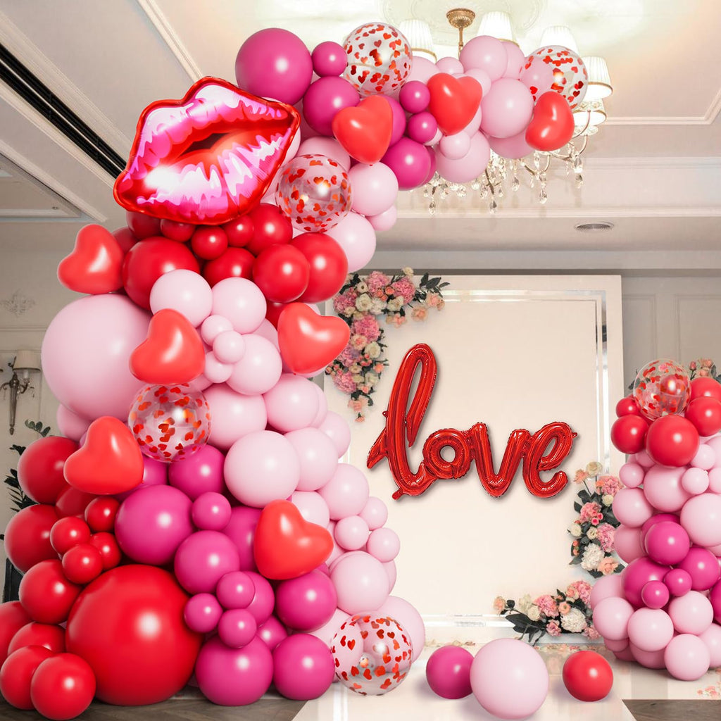 DBKL 138pcs Valentines Day Balloon Garland Arch Kit – Pink & Red Balloons with Love Lips Foil