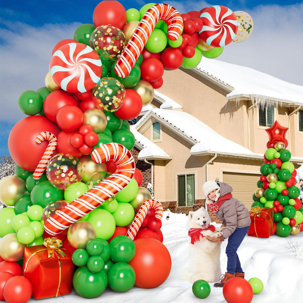DBKL 138-Piece Christmas Balloon Garland Arch Kit – Red, Green & Gold Balloons with Gift Box