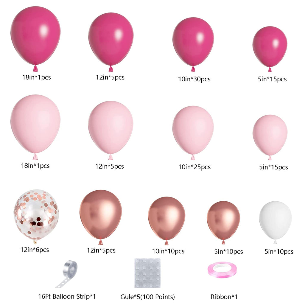 DBKL Pink Balloon Garland Arch Kit – 138 Balloons in Hot Pink, White & Metallic Rose Gold for Birthday, Baby Shower, Wedding