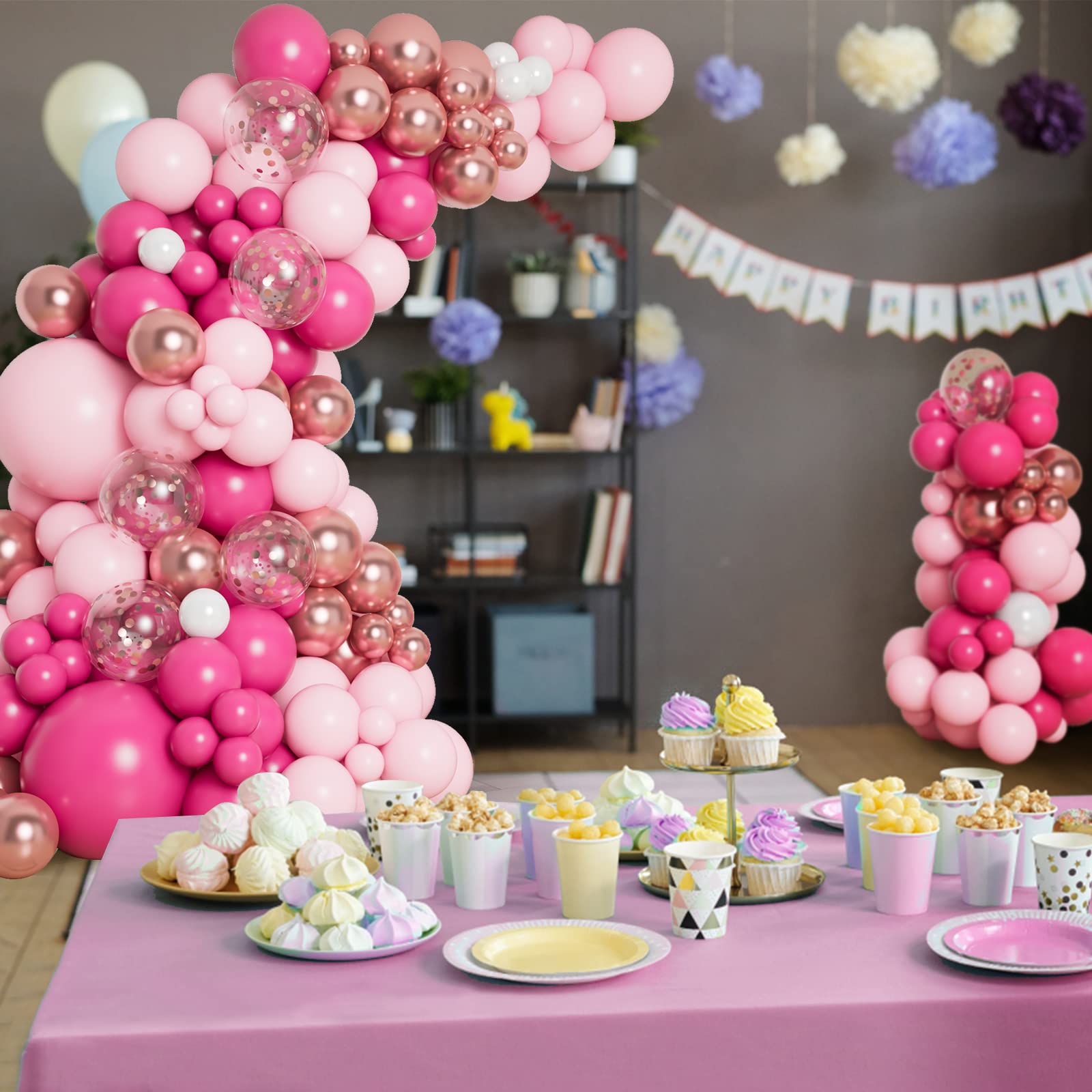 DBKL Pink Balloon Garland Arch Kit – 138 Balloons in Hot Pink, White & Metallic Rose Gold for Birthday, Baby Shower, Wedding