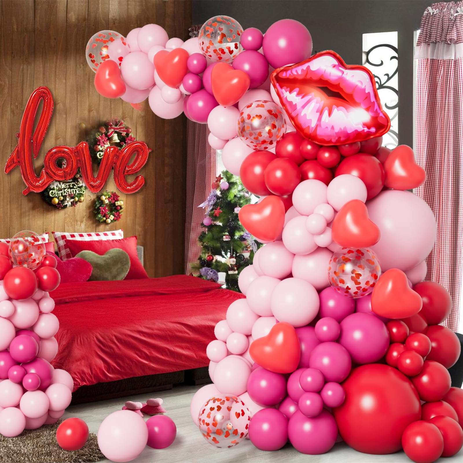 DBKL 138pcs Valentines Day Balloon Garland Arch Kit – Pink & Red Balloons with Love Lips Foil